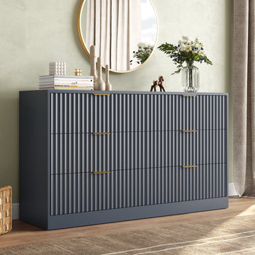 55.1" W Fluted 6 Drawer Dresser for Adult,Wooden Bedroom Dresser,Dresser TV Stand up to 65" for Living Room,Blue