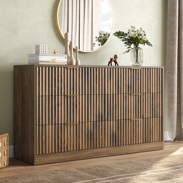 55.1" W Fluted 6 Drawer Dresser for Adult,Wooden Bedroom Dresser,Dresser TV Stand up to 65" for Living Room,Brown