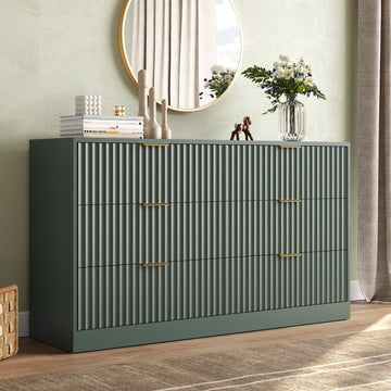 55.1" W Fluted 6 Drawer Dresser for Adult,Wooden Bedroom Dresser,Dresser TV Stand up to 65" for Living Room,Green