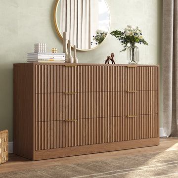 55.1" W Fluted 6 Drawer Dresser for Adult,Wooden Bedroom Dresser,Dresser TV Stand up to 65" for Living Room,Oak