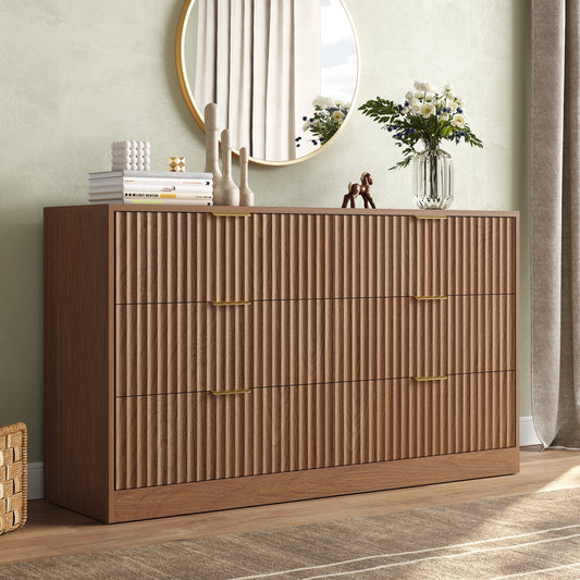 55.1" W Fluted 6 Drawer Dresser for Adult,Wooden Bedroom Dresser,Dresser TV Stand up to 65" for Living Room,Oak