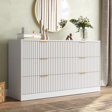 55.1" W Fluted 6 Drawer Dresser for Adult,Wooden Bedroom Dresser,Dresser TV Stand up to 65" for Living Room,White