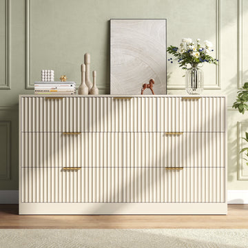 55.1" W Fluted 7 Drawer Dresser for Adult,Wooden Bedroom Dresser,Dresser TV Stand up to 65" for Living Room,Beige