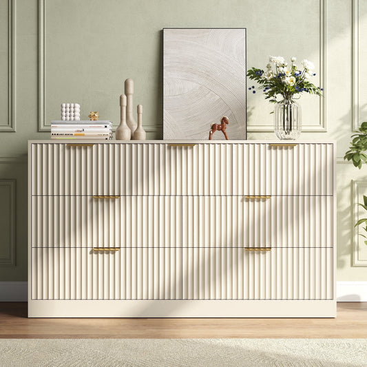 55.1" W Fluted 7 Drawer Dresser for Adult,Wooden Bedroom Dresser,Dresser TV Stand up to 65" for Living Room,Beige