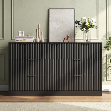 55.1" W Fluted 7 Drawer Dresser for Adult,Wooden Bedroom Dresser,Dresser TV Stand up to 65" for Living Room,Black