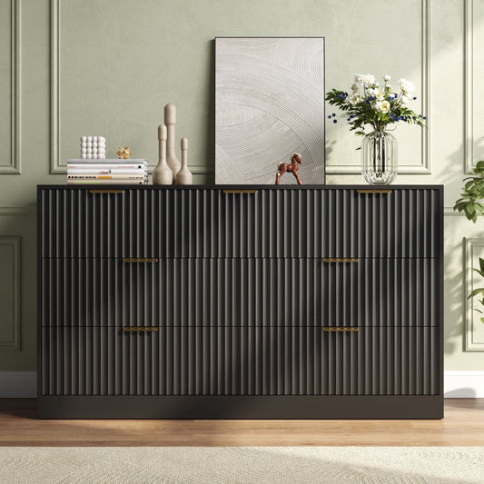 55.1" W Fluted 7 Drawer Dresser for Adult,Wooden Bedroom Dresser,Dresser TV Stand up to 65" for Living Room,Black