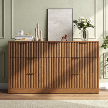 55.1" W Fluted 7 Drawer Dresser for Adult,Wooden Bedroom Dresser,Dresser TV Stand up to 65" for Living Room,Oak
