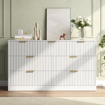 55.1" W Fluted 7 Drawer Dresser for Adult,Wooden Bedroom Dresser,Dresser TV Stand up to 65" for Living Room,White