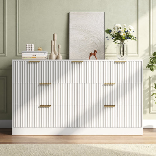 55.1" W Fluted 7 Drawer Dresser for Adult,Wooden Bedroom Dresser,Dresser TV Stand up to 65" for Living Room,White