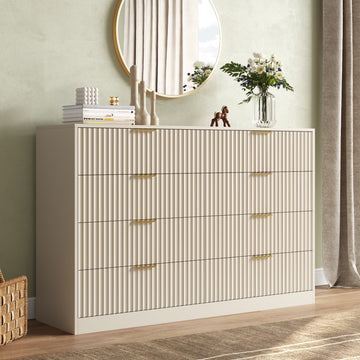 55.1" W Fluted 8 Drawer Dresser for Adult,Wooden Bedroom Dresser,Dresser TV Stand up to 65" for Living Room,Beige