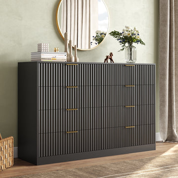 55.1" W Fluted 8 Drawer Dresser for Adult,Wooden Bedroom Dresser,Dresser TV Stand up to 65" for Living Room,Black