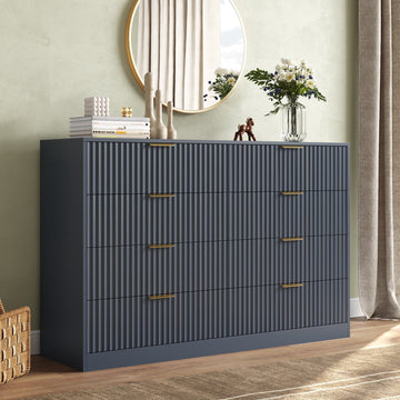 55.1" W Fluted 8 Drawer Dresser for Adult,Wooden Bedroom Dresser,Dresser TV Stand up to 65" for Living Room,Blue