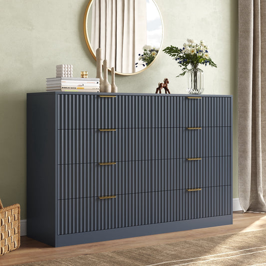55.1" W Fluted 8 Drawer Dresser for Adult,Wooden Bedroom Dresser,Dresser TV Stand up to 65" for Living Room,Blue
