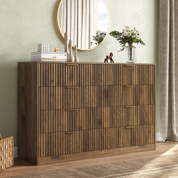 55.1" W Fluted 8 Drawer Dresser for Adult,Wooden Bedroom Dresser,Dresser TV Stand up to 65" for Living Room,Brown