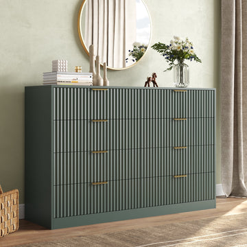 55.1" W Fluted 8 Drawer Dresser for Adult,Wooden Bedroom Dresser,Dresser TV Stand up to 65" for Living Room,Green
