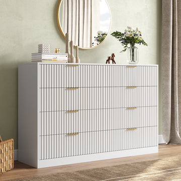55.1" W Fluted 8 Drawer Dresser for Adult,Wooden Bedroom Dresser,Dresser TV Stand up to 65" for Living Room,White