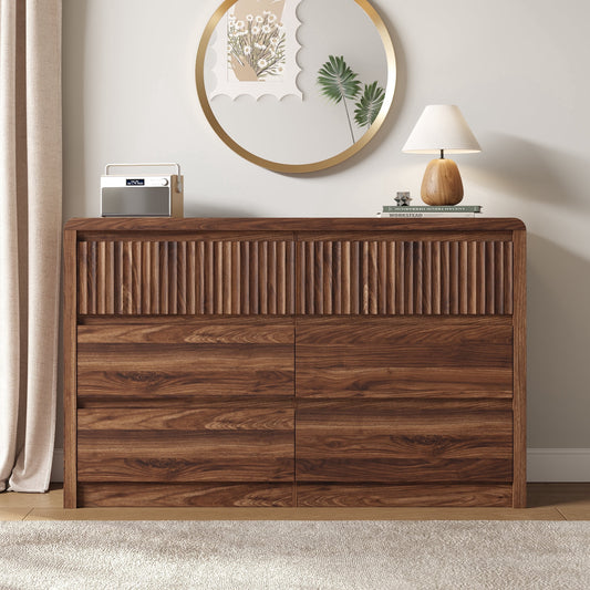 6 Drawers Dresser for Bedroom, 49.2" W Modern Chest of Drawers with Curved Profile Design, Mid Century Fluted Storage Dressers Organizer,Brown