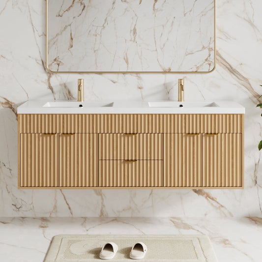 60" Fluted Bathroom Vanity Cabinet with 2 Drawers,Bathroom Vanity with Sink and 4 Soft-Close Doors,Floating Bathroom Sink Cabinet,OAK