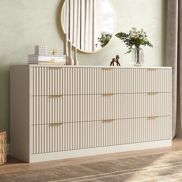 63" W Fluted 9 Drawer Dresser for Adult,Wooden Bedroom Dresser,Dresser TV Stand up to 70" for Living Room,Beige