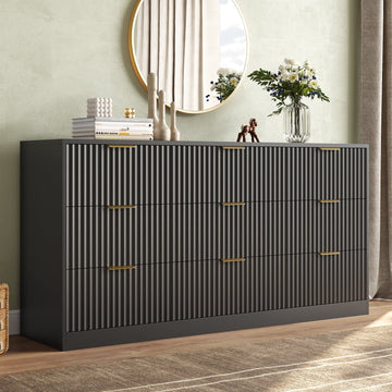 63" W Fluted 9 Drawer Dresser for Adult,Wooden Bedroom Dresser,Dresser TV Stand up to 70" for Living Room,Black