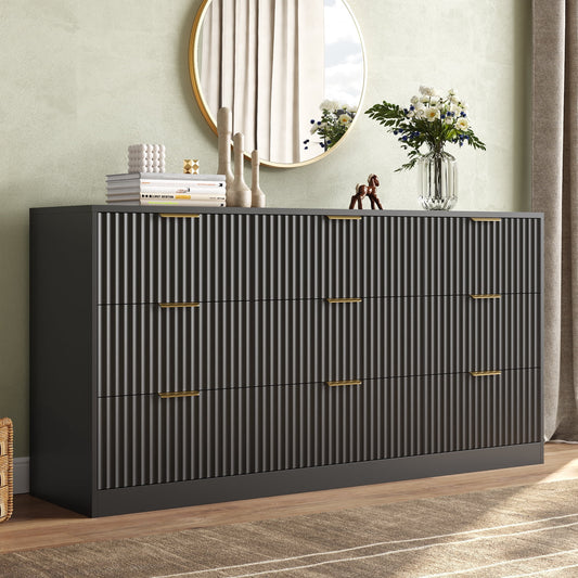 63" W Fluted 9 Drawer Dresser for Adult,Wooden Bedroom Dresser,Dresser TV Stand up to 70" for Living Room,Black
