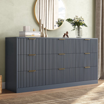 63" W Fluted 9 Drawer Dresser for Adult,Wooden Bedroom Dresser,Dresser TV Stand up to 70" for Living Room,Blue