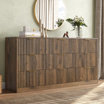 63" W Fluted 9 Drawer Dresser for Adult,Wooden Bedroom Dresser,Dresser TV Stand up to 70" for Living Room,Brown
