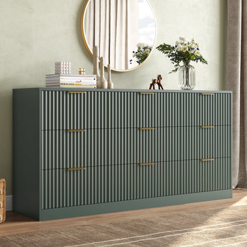 63" W Fluted 9 Drawer Dresser for Adult,Wooden Bedroom Dresser,Dresser TV Stand up to 70" for Living Room,Green