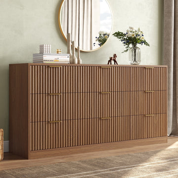 63" W Fluted 9 Drawer Dresser for Adult,Wooden Bedroom Dresser,Dresser TV Stand up to 70" for Living Room,Oak