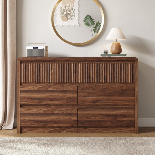 7 Drawers Dresser for Bedroom, 49.2" W Modern Chest of Drawers with Curved Profile Design, Mid Century Fluted Storage Dressers Organizer,Brown