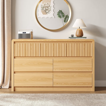 7 Drawers Dresser for Bedroom, 49.2" W Modern Chest of Drawers with Curved Profile Design, Mid Century Fluted Storage Dressers Organizer,Natural
