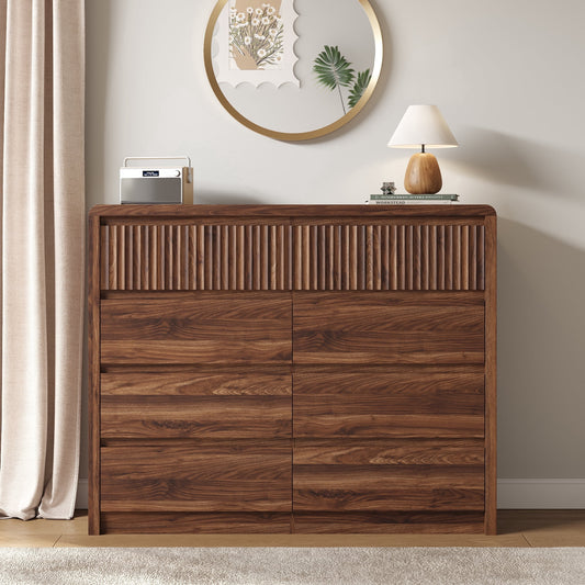 8 Drawers Dresser for Bedroom, 49.2" W Modern Chest of Drawers with Curved Profile Design, Mid Century Fluted Storage Dressers Organizer,Brown