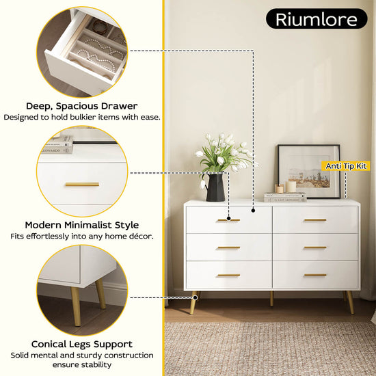 Ansel  Modern White 6-Drawer Dresser - Riumlore