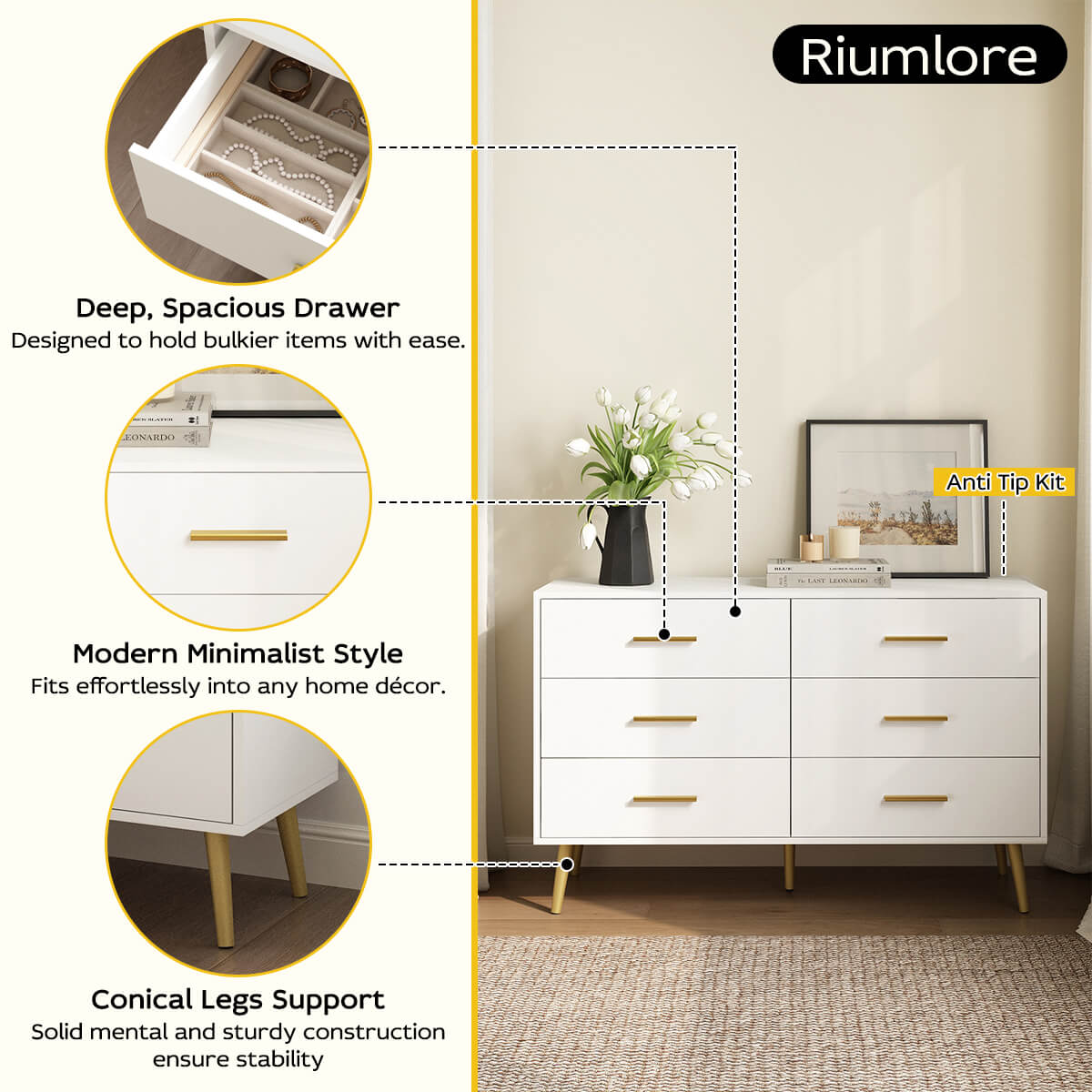 Ansel  Modern White 6-Drawer Dresser - Riumlore