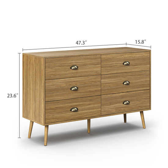 Mid-Century Modern Oak 6-Drawer Dresser - Riumlore