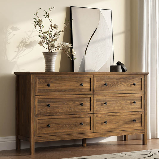 Mioa Rustic Farmhouse Wood Deep 6-Drawer Dresser - Riumlore