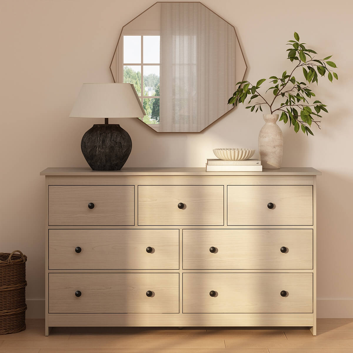 Mid-Century Modern 7-Drawer Light Wood Dresser - Riumlore