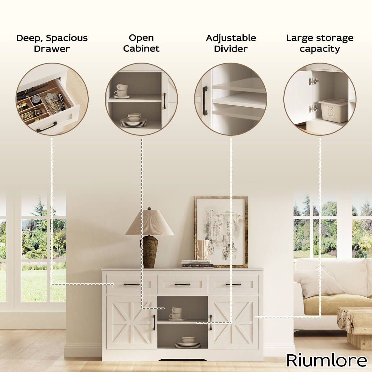 Xyla Farmhouse White Sideboard Buffet Cabinet Riumlore