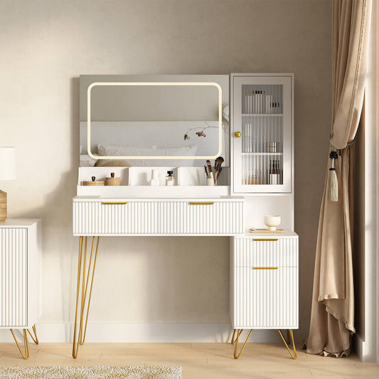 Luma Modern Storage Vanity/Makeup Table with Lighted Mirror - Riumlore