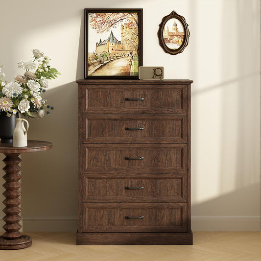 Rowen Rustic Solid Walnut Wood 5-Drawer Dresser - Riumlore