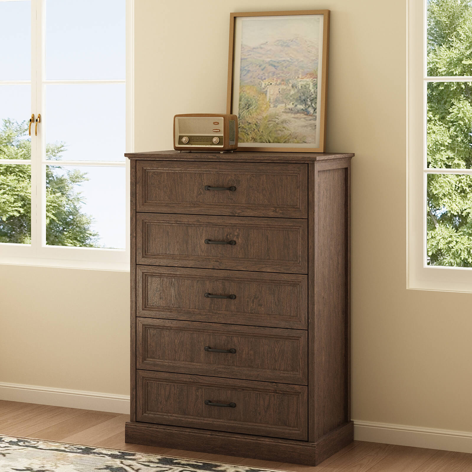 Rowen Rustic Solid Walnut Wood 5-Drawer Dresser - Riumlore