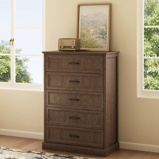 Rowen Rustic Solid Walnut Wood 5-Drawer Dresser - Riumlore