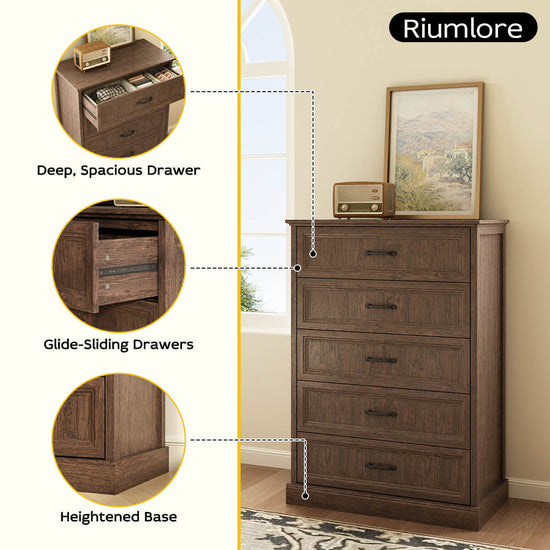 Rowen Rustic Solid Walnut Wood 5-Drawer Dresser - Riumlore
