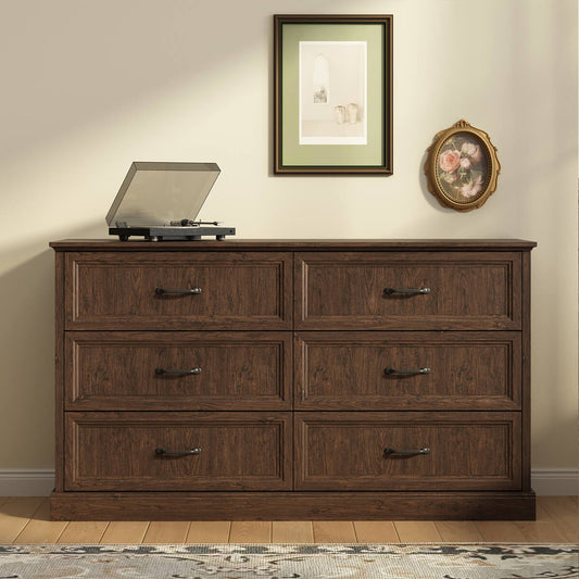 Rowen Rustic Solid Walnut Wood 6-Drawer Dresser - Riumlore