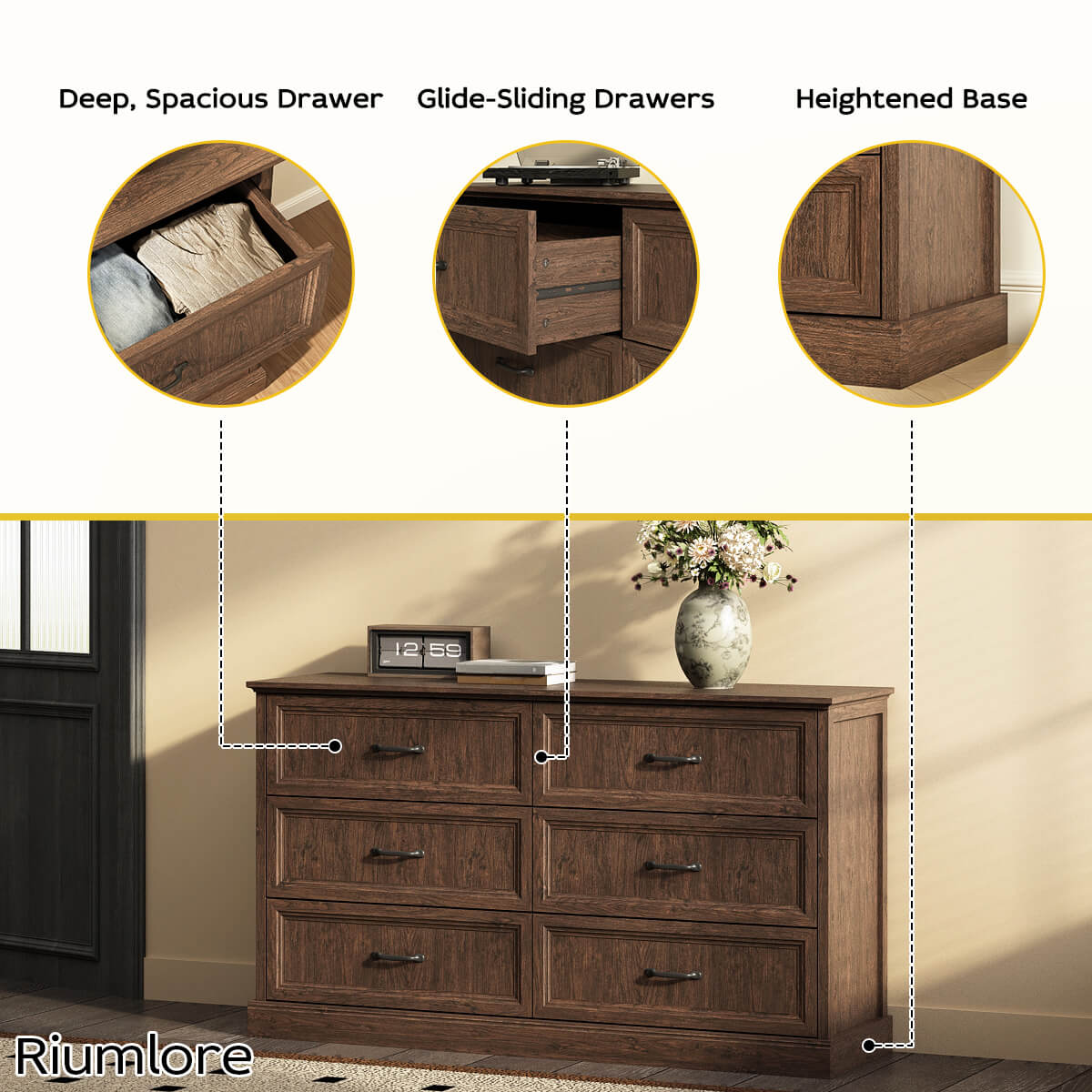 Rowen Rustic Solid Walnut Wood 6-Drawer Dresser - Riumlore