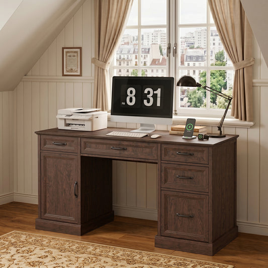 YouTrend 58'' Farmhouse Executive Desk,Wood Home Office Computer Desk with 5 Drawers and Storage Cabinet for Work Study Writing,Brown