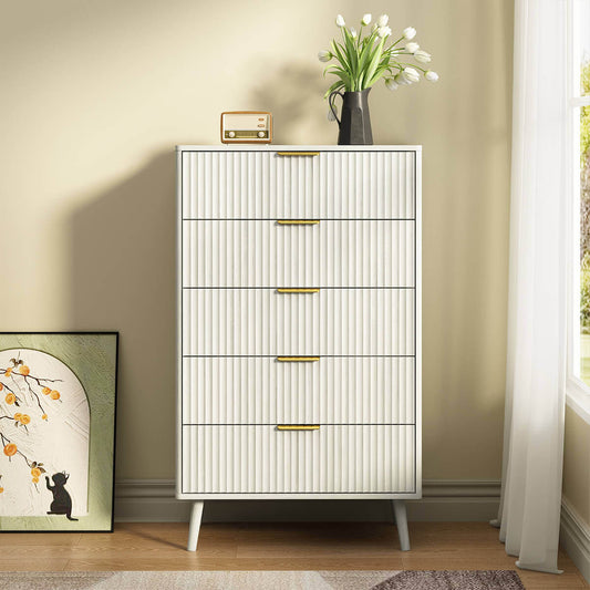 Corin Mid-Century-Modern Fluted White 5-Drawer Dresser - Riumlore
