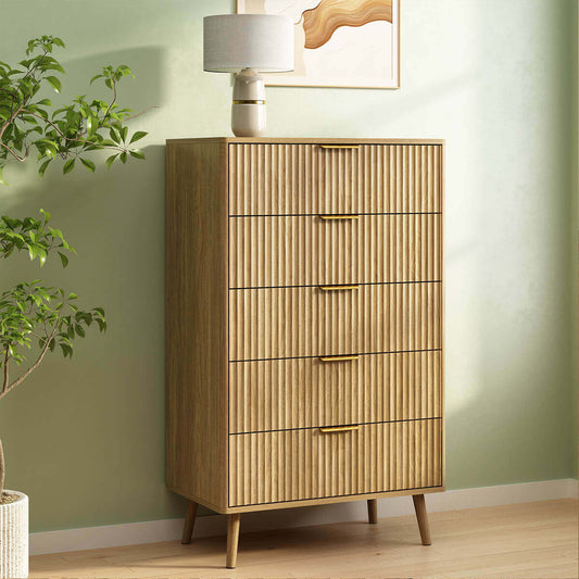 Thene Mid-Century-Modern Fluted 5-Drawer Dresser - Riumlore