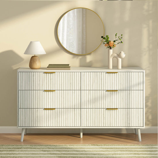 Corin Mid-Century-Modern Fluted White 6-Drawer Dresser - Riumlore
