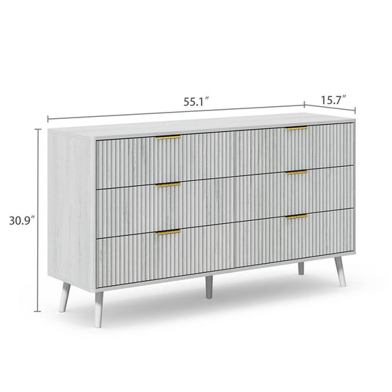 Corin Mid-Century-Modern Fluted White 6-Drawer Dresser - Riumlore